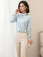 Floral Long Sleeve Mulberry Silk Blouse for Women, featuring a light blue color and elegant floral design.