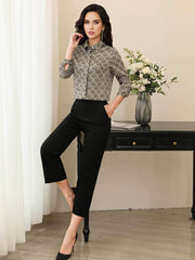 Floral Long Sleeve Mulberry Silk Blouse for Women styled with black trousers, perfect for a chic outfit.