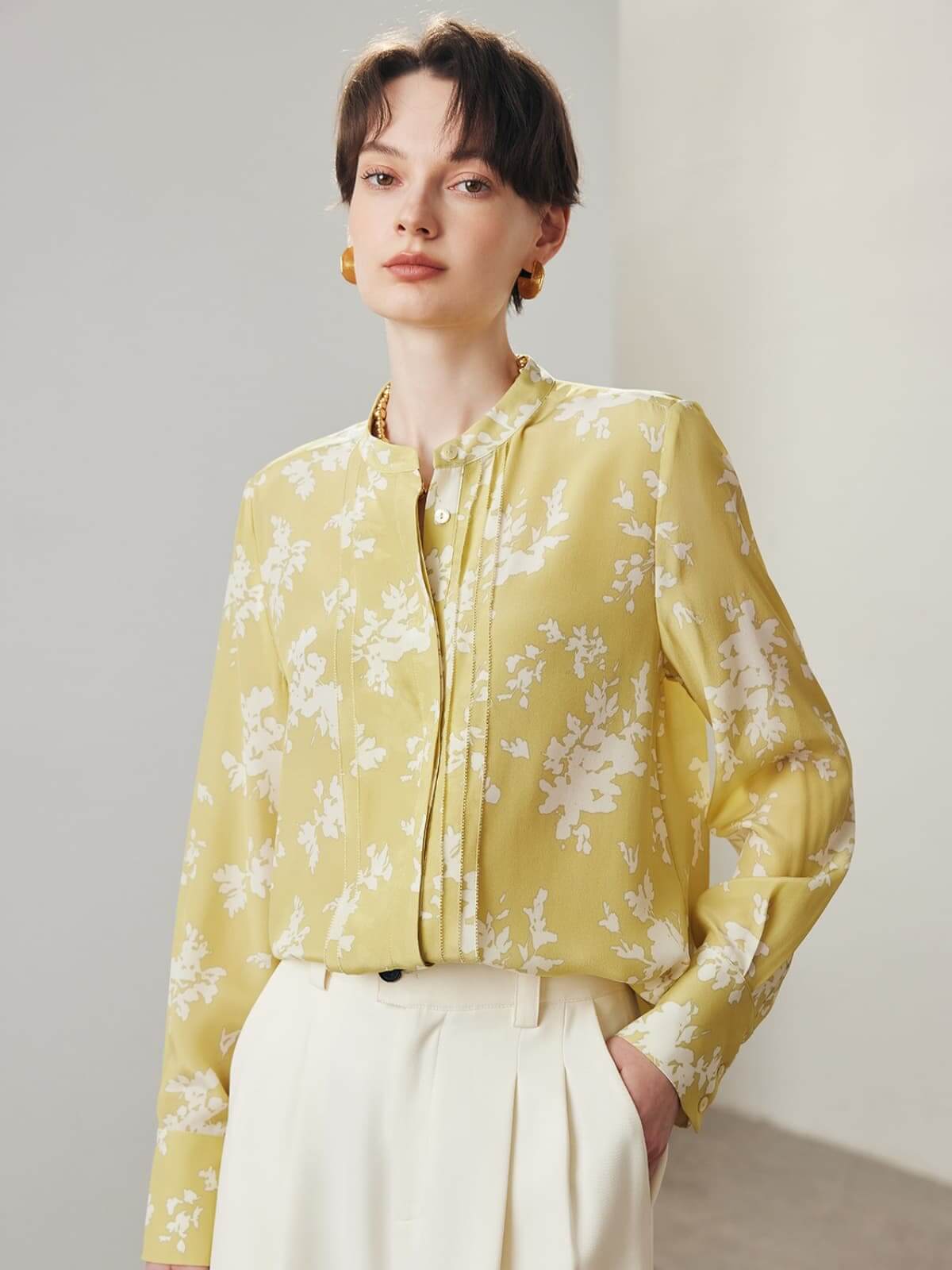 Front view of Women's Round Neck Floral Silk Blouse