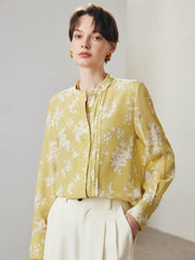 Front view of Women's Round Neck Floral Silk Blouse