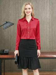 Chic Polo Collar Silk Blouse-in red-front-SILKSER