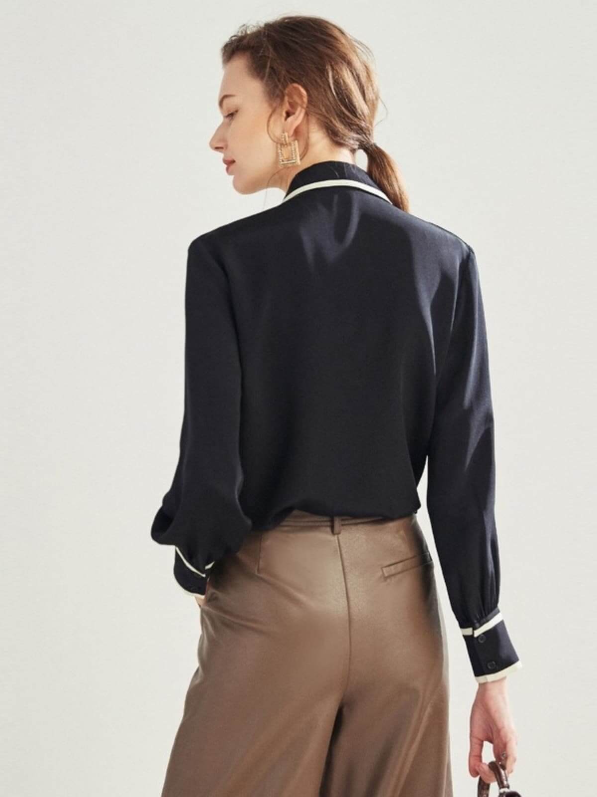 Back view of Chic Bow Tie Silk Blouse for Women