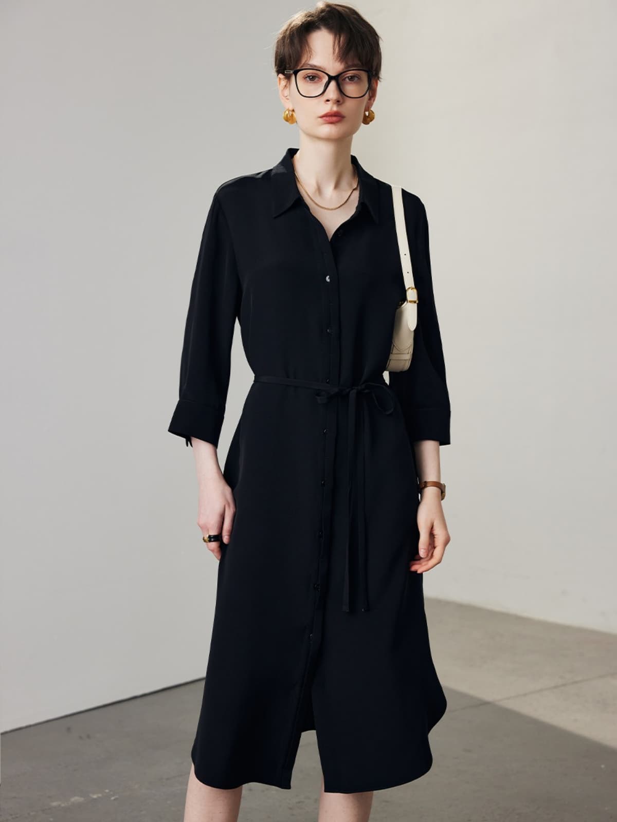 Polo Collar Midi Silk Dress 30 Momme in black