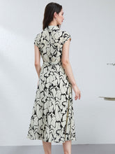 Back view of a woman wearing a Breathable Mulberry Silk Shirt Dress with a stylish print.