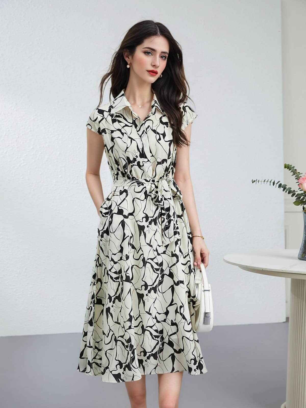 Breathable Mulberry Silk Shirt Dress with a stylish pattern and pockets, perfect for summer outings.