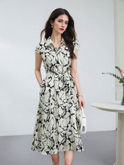 Breathable Mulberry Silk Shirt Dress with a stylish pattern and pockets, perfect for summer outings.