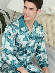 Close-up of stylish short - sleeved men's silk pajamas in green