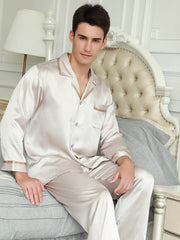 Model wearing Men's Mulberry Silk Pajama Set Luxurious 22 MM at home