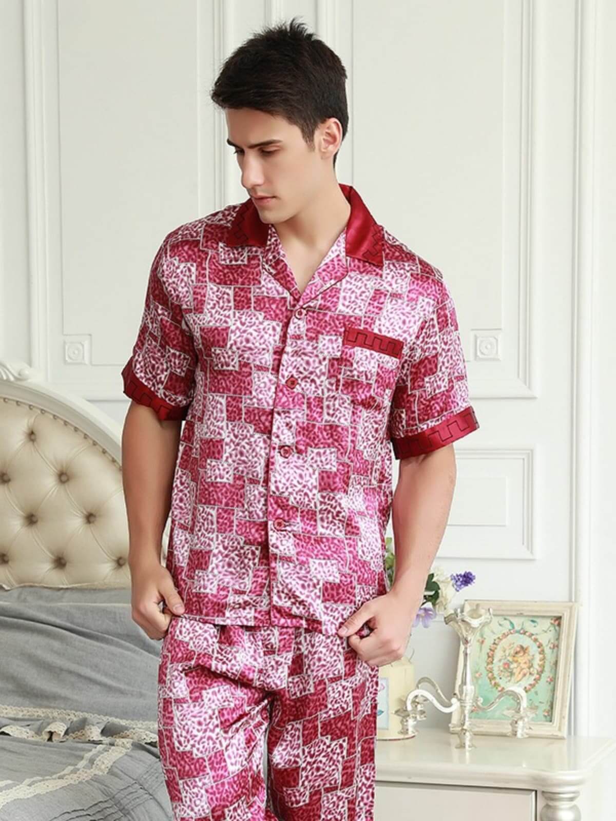 Model wearing Stylish Short - Sleeved Men's Silk Pajamas