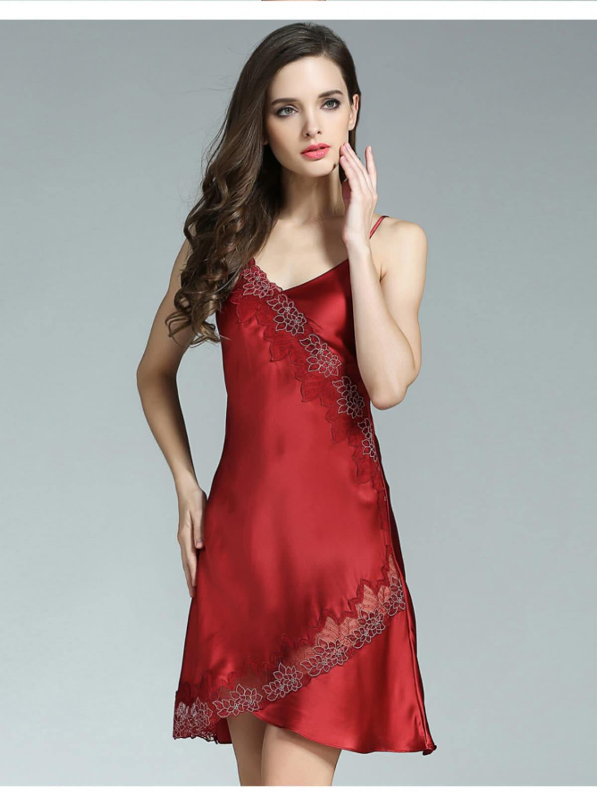 women's breathable silk lace spaghetti - strap nightgown in wine red