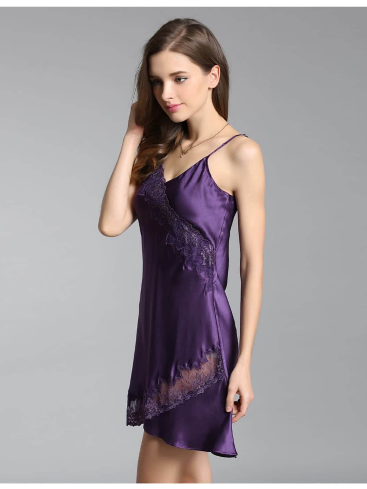side profile of women's breathable silk lace spaghetti - strap nightgown in purple
