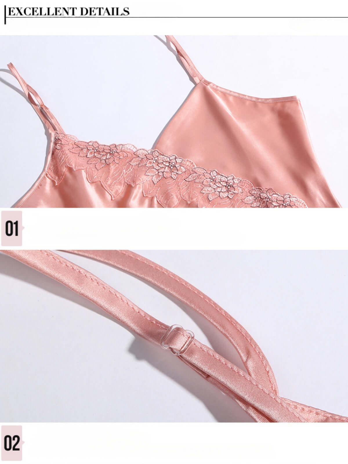 Details of women's breathable silk lace spaghetti - strap nightgown