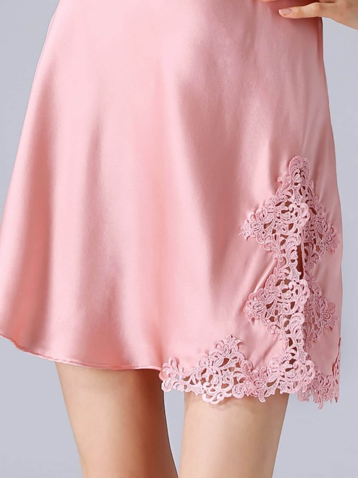 Hem of Breathable Lace Strap Silk Nightdress in pink