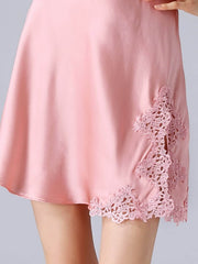 Hem of Breathable Lace Strap Silk Nightdress in pink