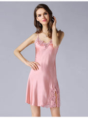 Front view of Breathable Lace Strap Silk Nightdress in pink