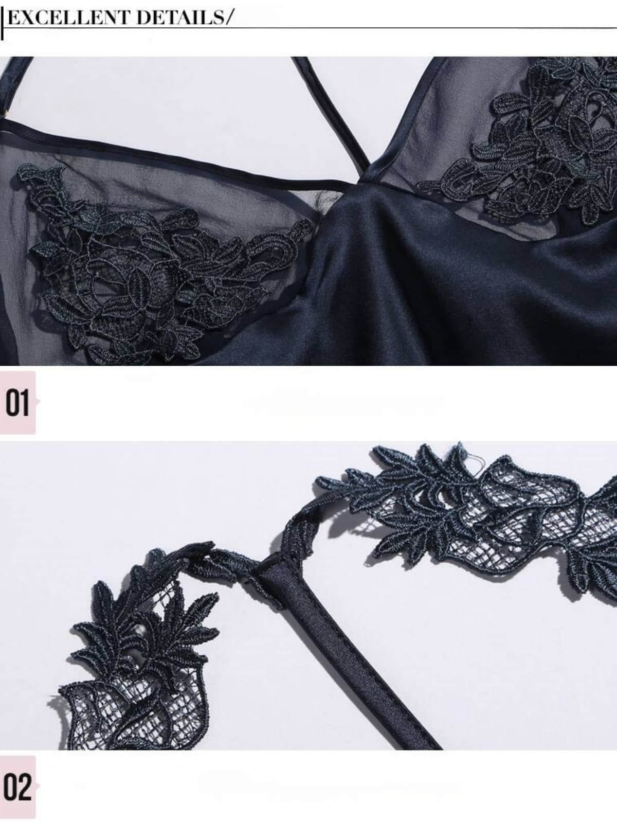 Close-up of Women's Chic Spaghetti - Strap Lace Silk Nightgown