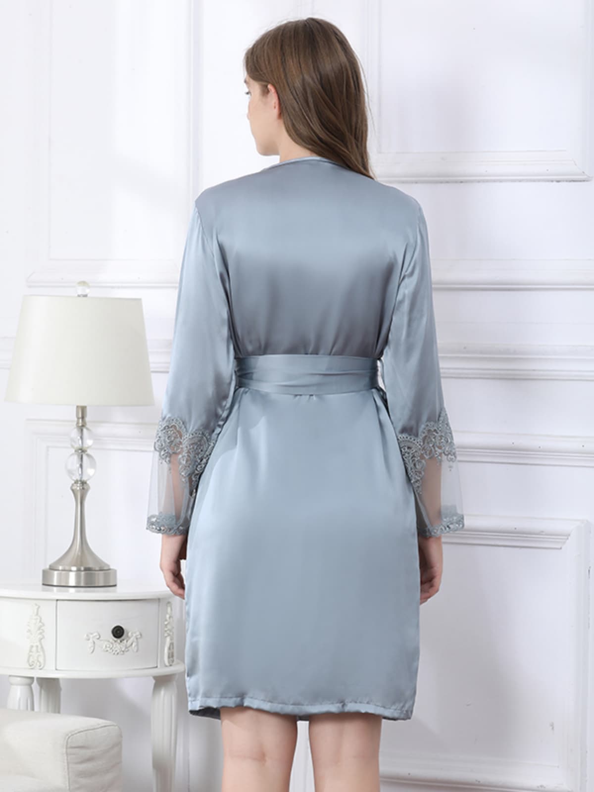 Back view of Skin - Friendly Lace Two - piece Set Silk Nightgown in gray