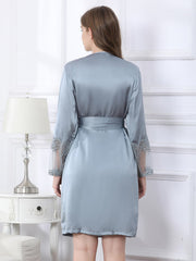 Back view of Skin - Friendly Lace Two - piece Set Silk Nightgown in gray