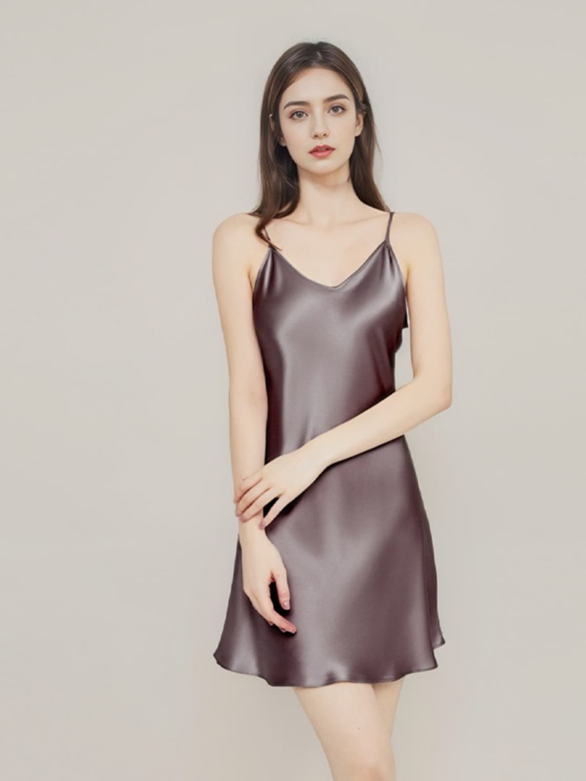 Front of Mulberry Silk Nightgown With Spaghetti Straps in gray brown color