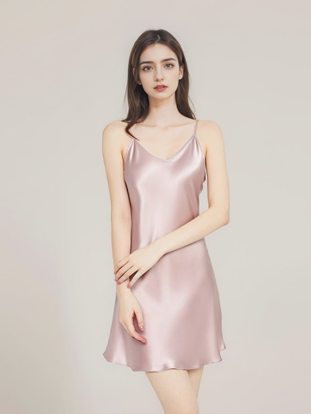 Front of Mulberry Silk Nightgown With Spaghetti Straps at home