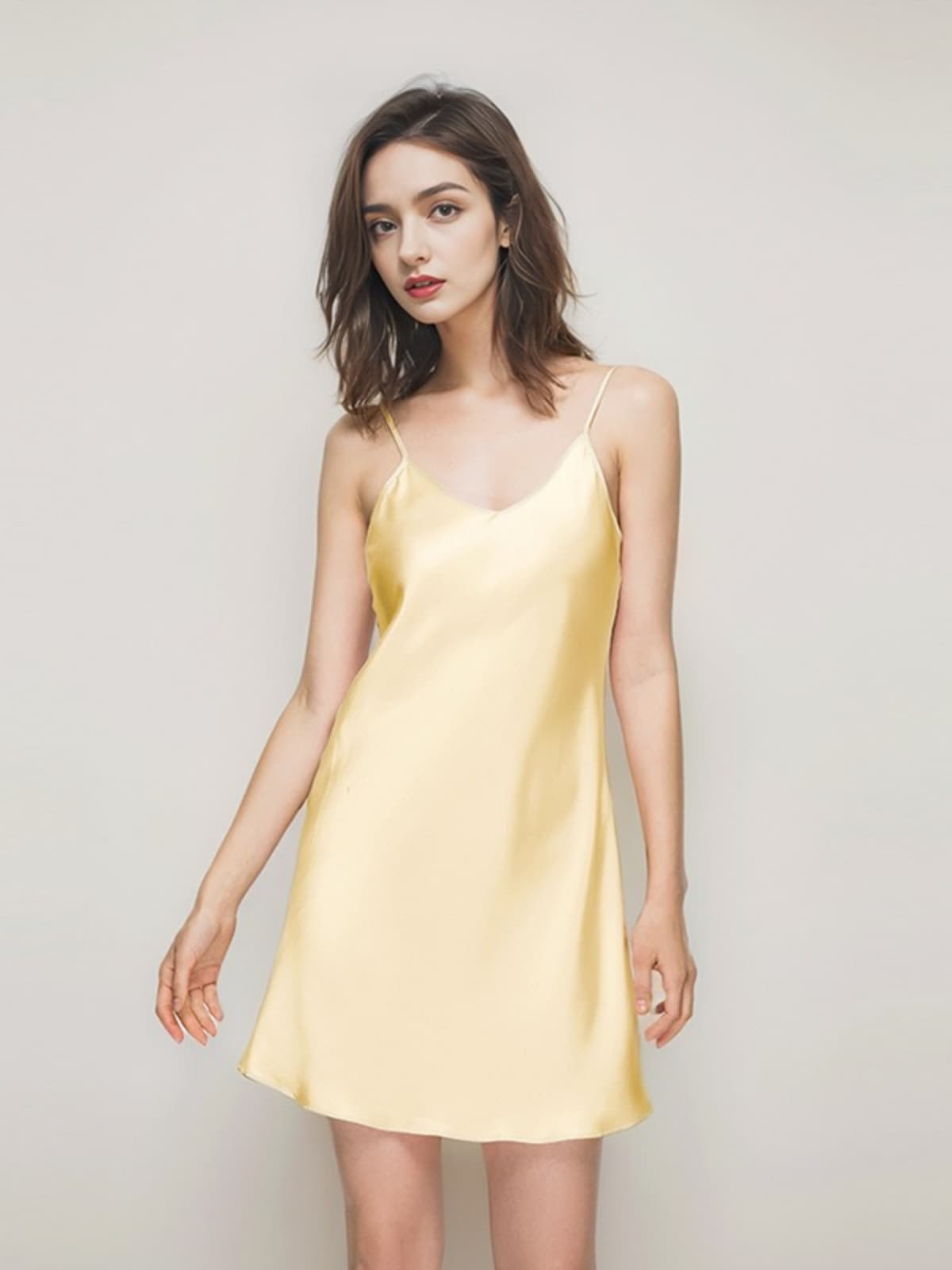 Model wearing Mulberry Silk Nightgown With Spaghetti Straps at home