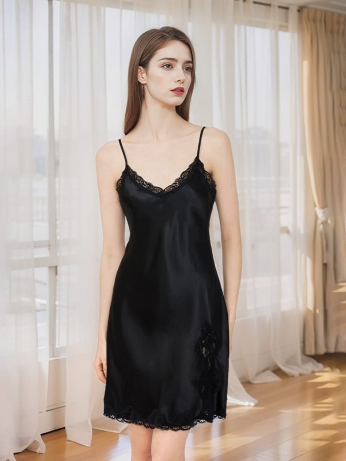 Silk Slip Nightgown Women - Short, Cooling Fabric in black color