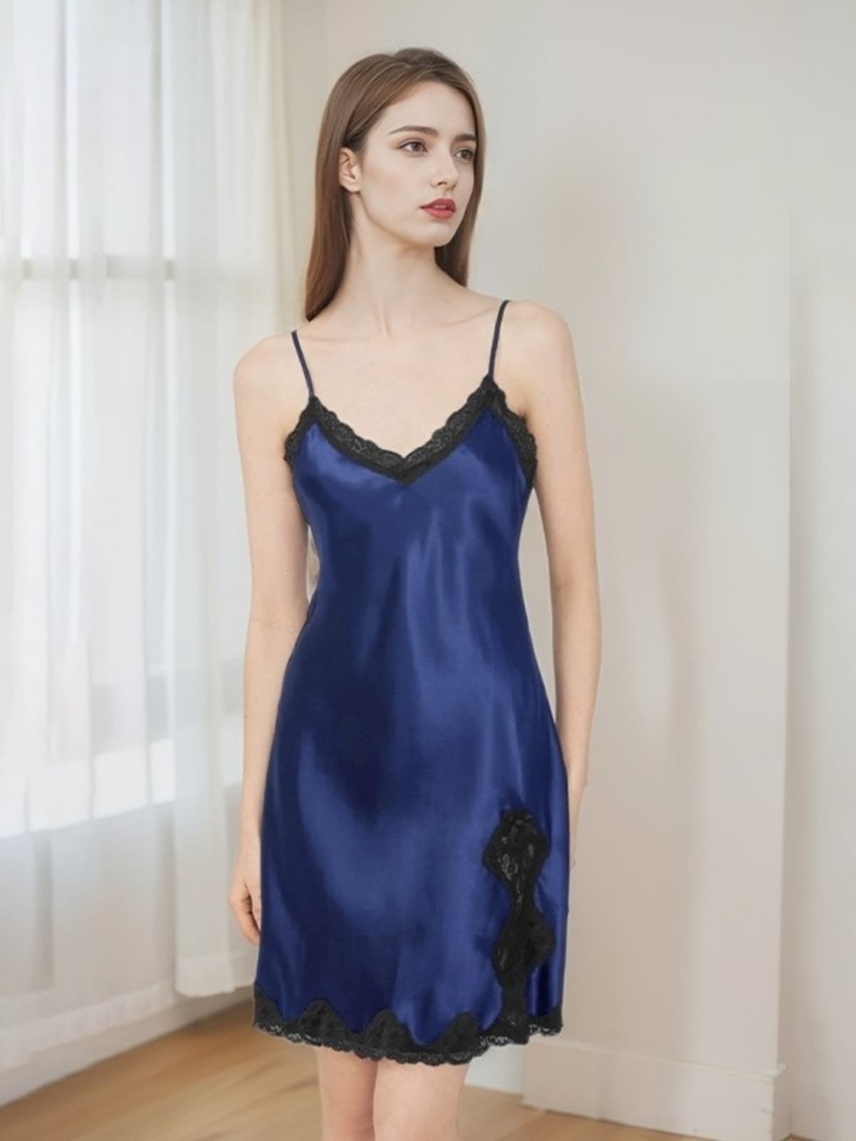 Model wearing Silk Slip Nightgown Women - Short, Cooling Fabric at home