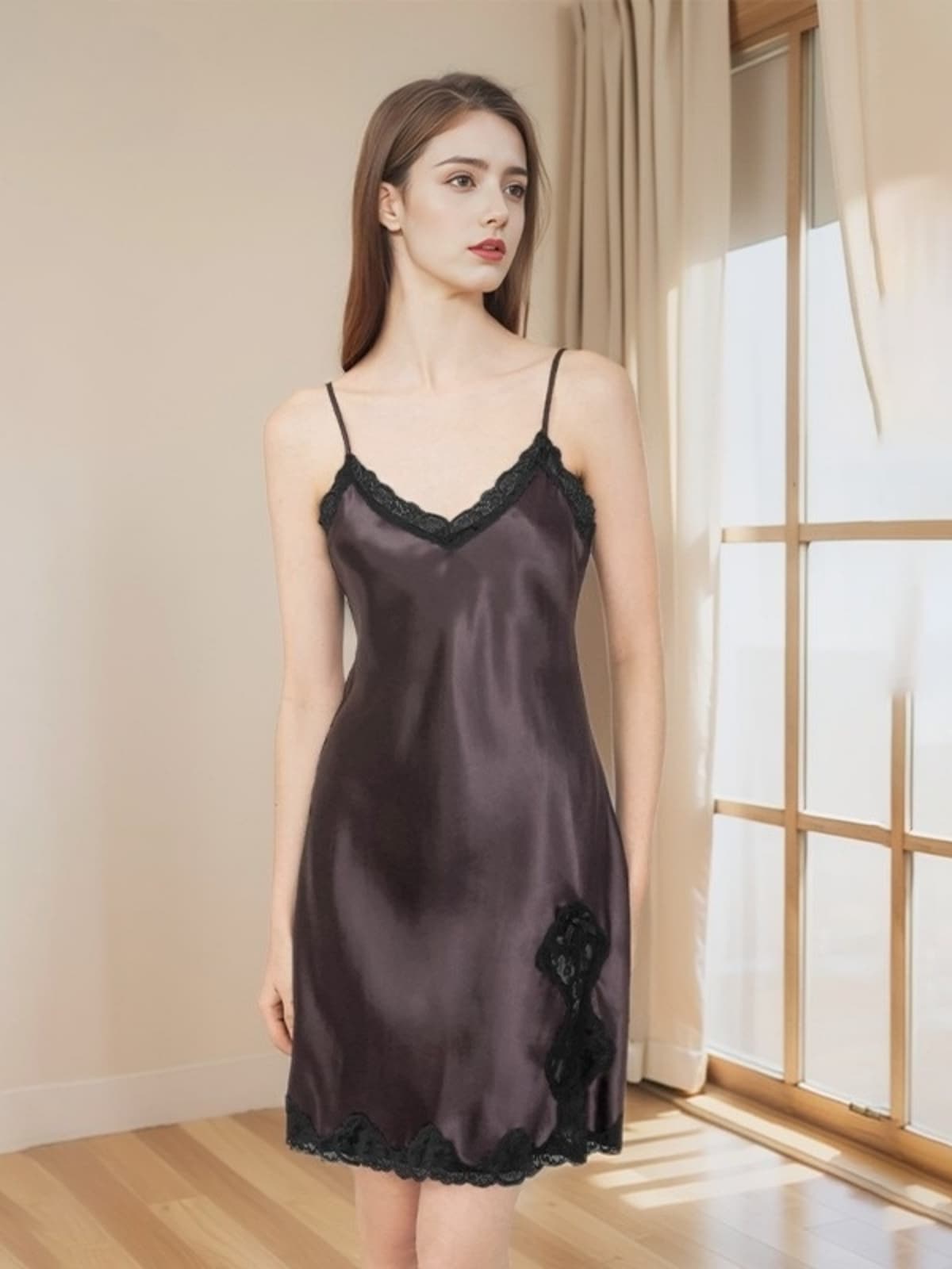 Model wearing Silk Slip Nightgown Women - Short, Cooling Fabric with comfort