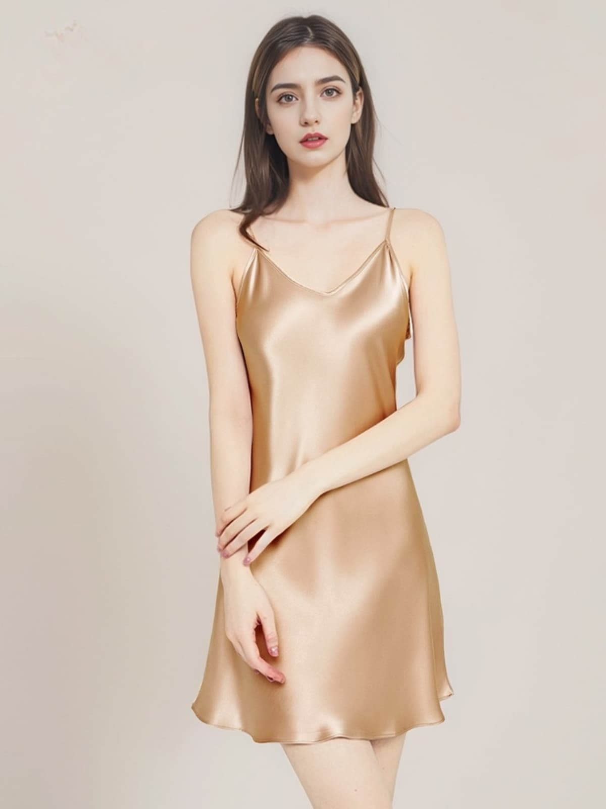 Front view of Mulberry Silk Nightgown With Spaghetti Straps