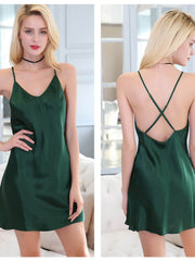 Profile of Women's Soft Backless Spaghetti - Strap Silk Nightgown in green