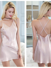 Profile of Women's Soft Backless Spaghetti - Strap Silk Nightgown in pearl