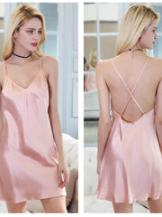 Women's Soft Backless Spaghetti - Strap Silk Nightgown in pink