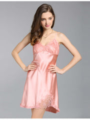 Women's Soft Lace Spaghetti - Strap Silk Nightgown in pink
