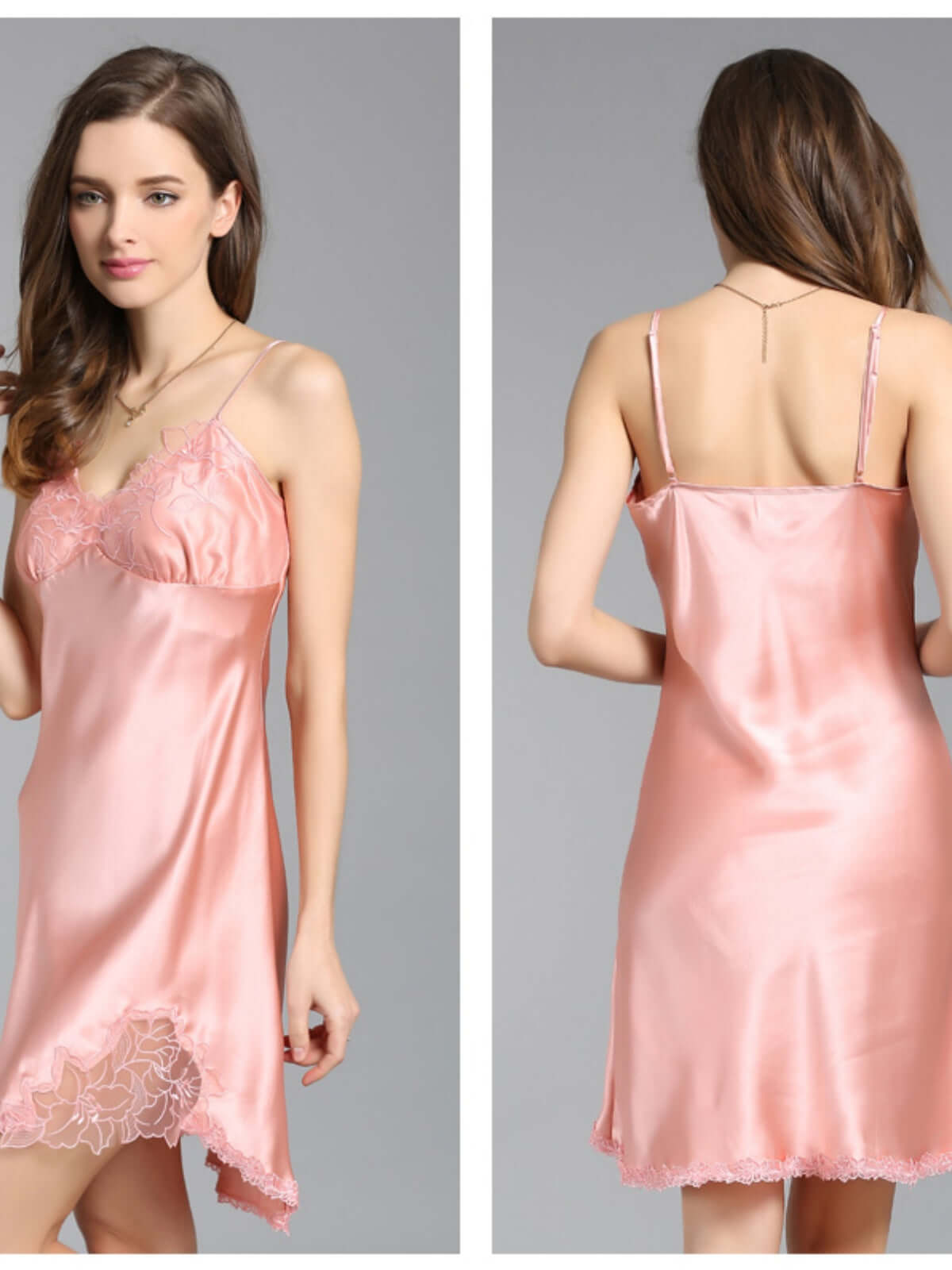 Profile of Women's Soft Lace Spaghetti - Strap Silk Nightgown in pink