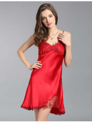 Front view of Women's Soft Lace Spaghetti - Strap Silk Nightgown in red