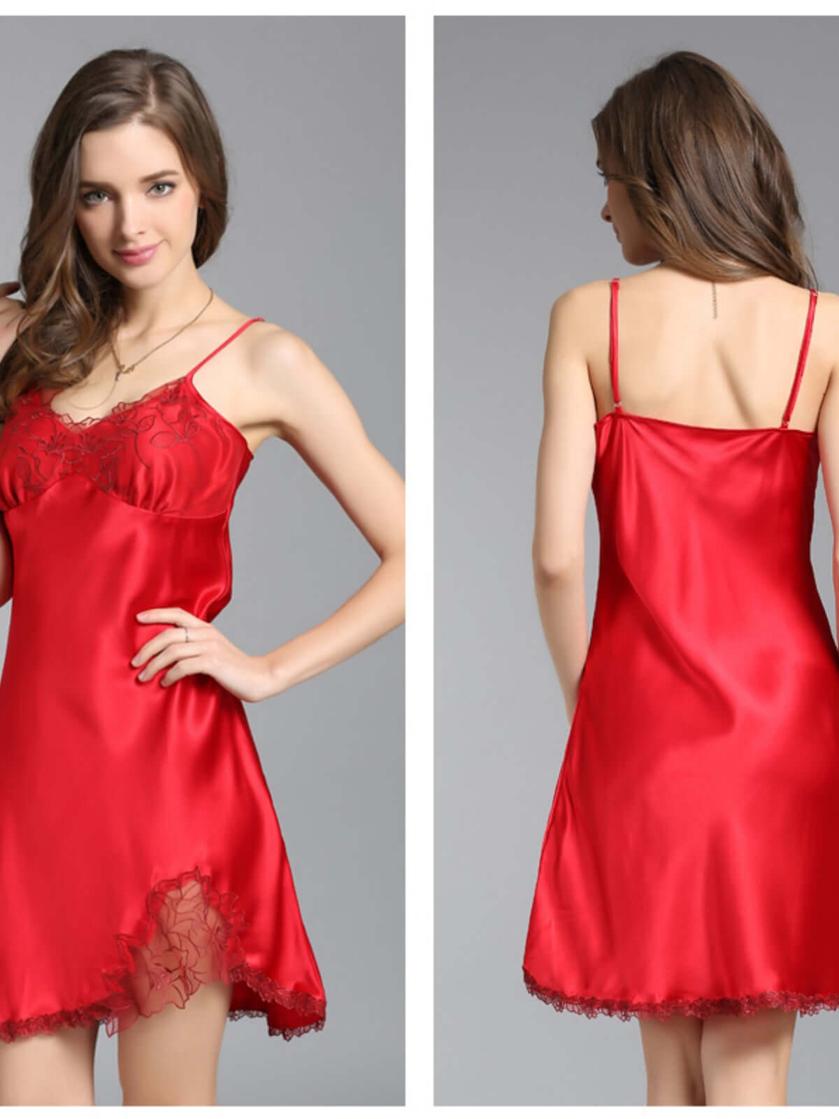 Women's Soft Lace Spaghetti - Strap Silk Nightgown in red