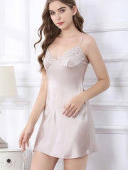 Side profile of Women's Breast Pads Strap Lace Silk Nightgown