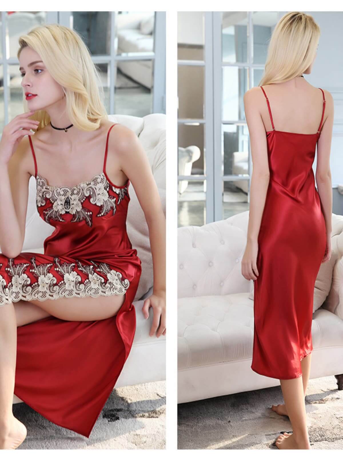 Profile of Women's Maxi Lace Silk Nightgown in red