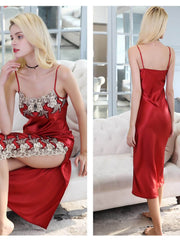 Profile of Women's Maxi Lace Silk Nightgown in red