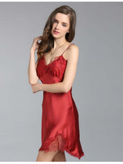 Women's Soft Lace Spaghetti - Strap Silk Nightgown in wine red
