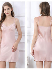 Women's Breast Pads Strap Lace Silk Nightgown