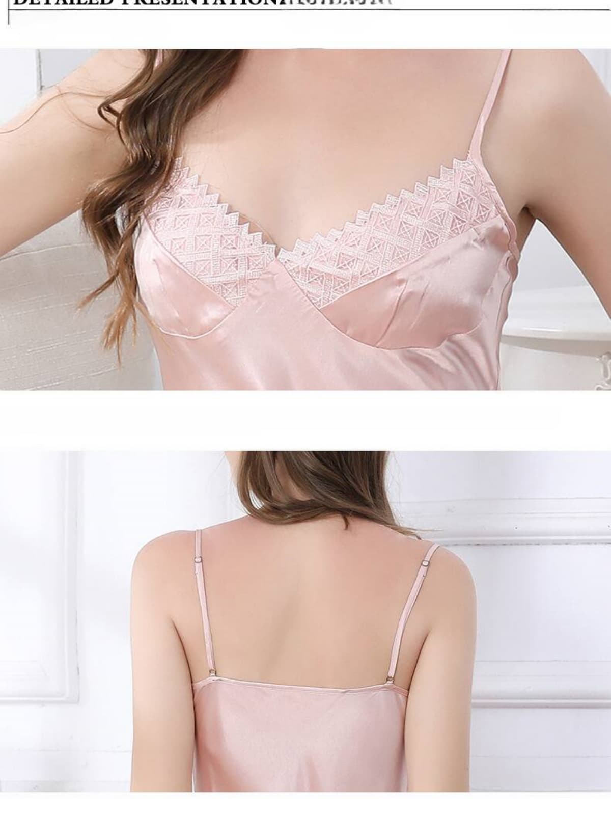 Details of Women's Breast Pads Strap Lace Silk Nightgown