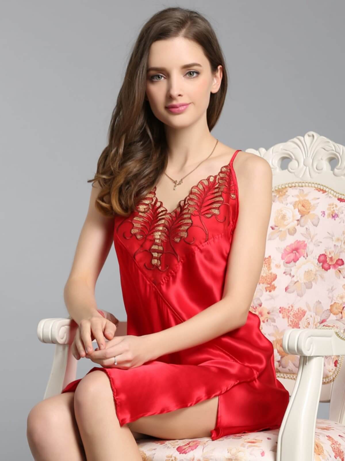 women's breathable lace silk nightgown in red
