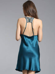 back view of women's breathable lace silk nightgown in green