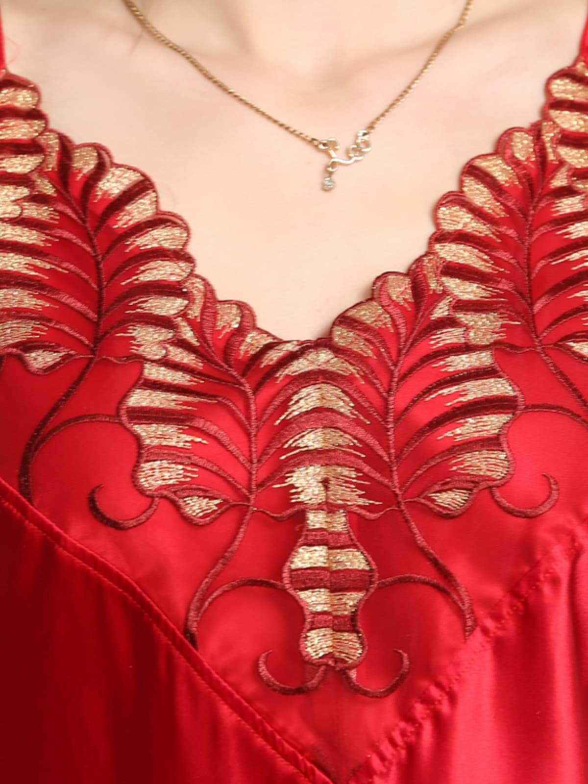 Neckline of women's breathable lace silk nightgown