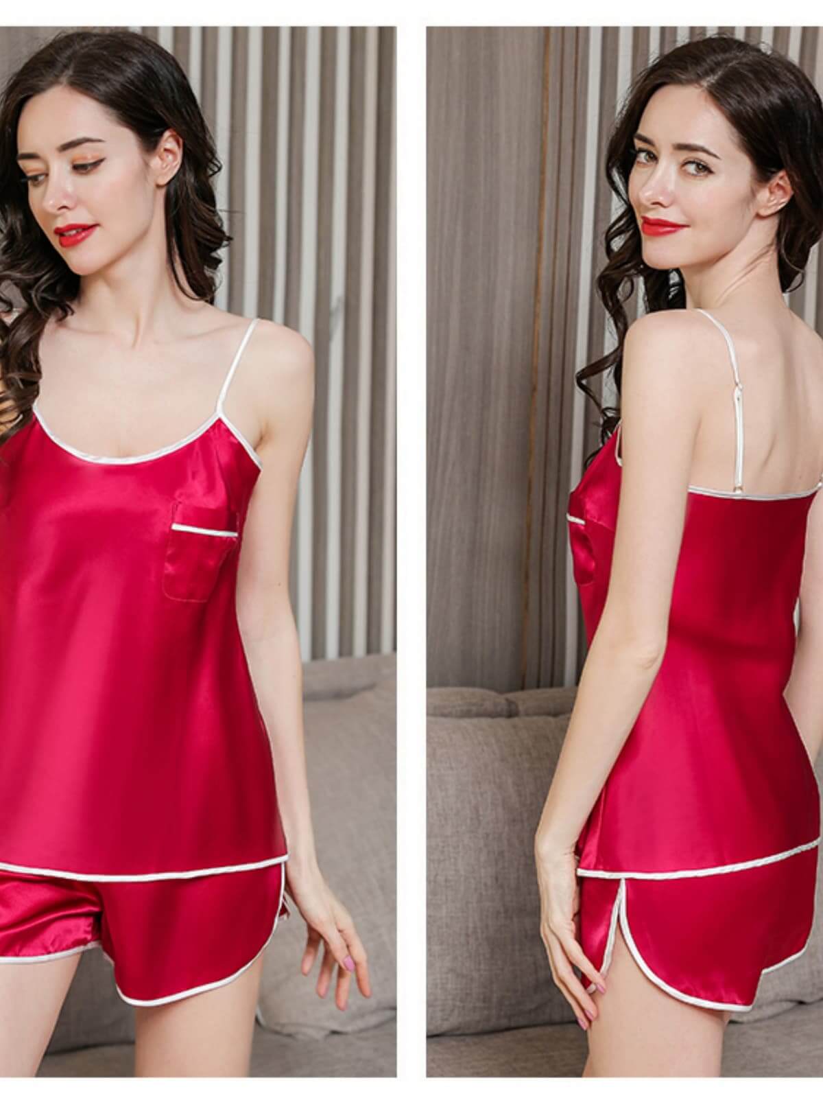 Women's Spaghetti - Strap Silk Pajamas Set in red