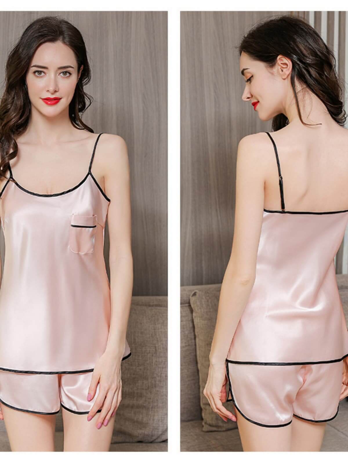 Women's Spaghetti - Strap Silk Pajamas Set in pink