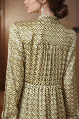 Retro Geometric Print Tie-Neck Silk Midi Dress in Emerald Green - Back View