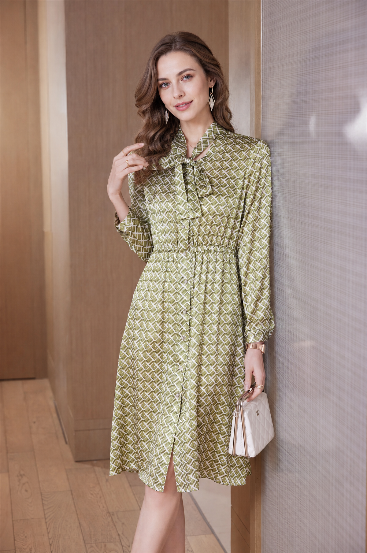 Retro Geometric Print Tie-Neck Silk Midi Dress in Emerald Green - Front Model View