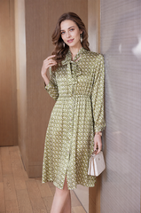 Retro Geometric Print Tie-Neck Silk Midi Dress in Emerald Green - Front Model View